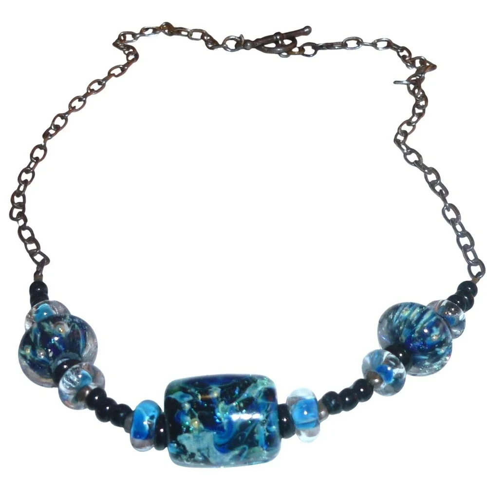 Vintage‎ Murano Style Dichroic Art Glass Bead Necklace Silver Tone Toggle Clasp